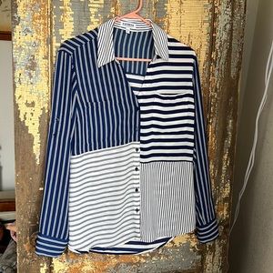 The Express Portofino blue and white patchwork striped button down blouse